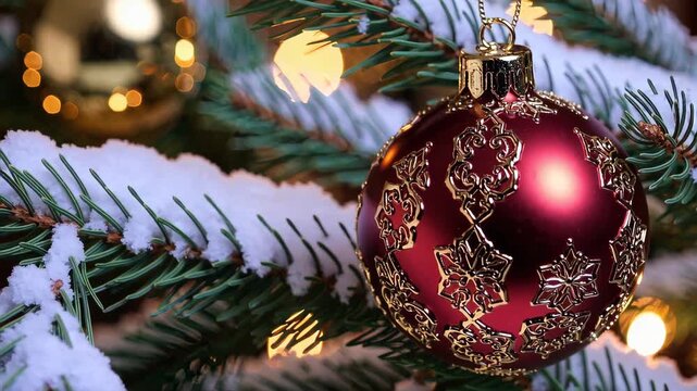 Beautiful holiday decoration featuring red Christmas baubles and glowing string lights