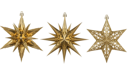 Three golden star ornaments for christmas tree decoration on black background