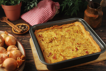 Zwiebelkuchen, a pie with onion and bacon, traditional German dish