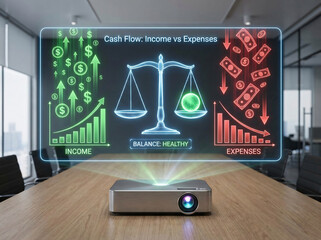 Cash flow balance hologram with income and expenses analytics
