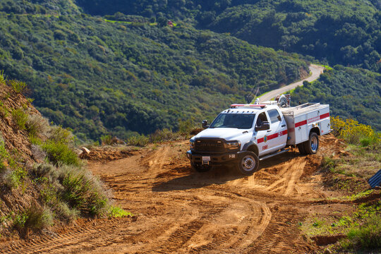 Los Angeles, California - December 4, 2025: Wildland Fire Suppression Vehicle Amidst Calabasas Terrain