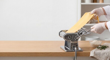 Professional chef in white gloves making fresh homemade pasta dough with a manual pasta machine on a clean wooden kitchen counter, emphasizing traditional culinary craftsmanship.
