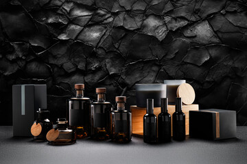 Containers of dark glass and wooden boxes are displayed on a dark surface. The setting has a modern look with various shapes and sizes creating interest.