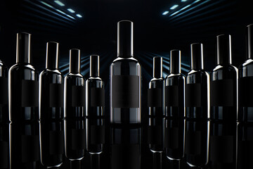 Bottles are arranged in a circle with one bottle in the center. The setting is dark with bright lights creating a strong focus on the bottles.