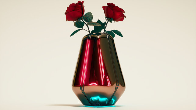 Modern Minimalist Red roses in a futuristic geometric metallic vase.