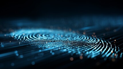 Glowing blue biometric fingerprint overlay on circuit-like background representing digital fingerprint identity verification and secure authentication.