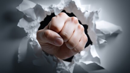 A clenched fist breaking through torn paper symbolizing legal jurisdiction justice symbol, forceful assertion of authority, enforcement, and verdict impact.