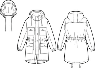 Fashion flat sketch of a hooded parka jacket with multiple pockets and drawstring waist drawing © MdAbdur