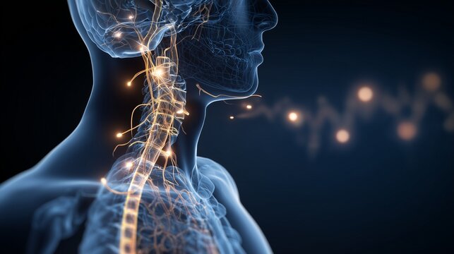 Transparent human neck and chest illustrating vagus nerve activation and acetylcholine release signaling for neuromodulation and autonomic regulation.