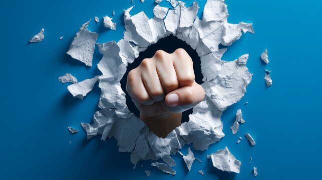 Fist punching through paper hole symbolizing disruptive workflow automation organization change, momentum, breakthrough and human-driven process transformation.
