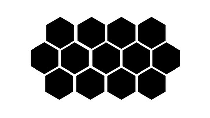 A minimalist black honeycomb pattern featuring interconnected geometric hexagons, creating a seamless grid structure isolated on a white background