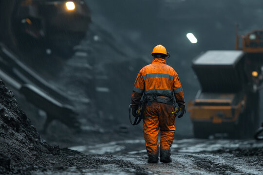 Coal miner in orange safety gear walking through a dark mine. A coal miner is seen from behind, walking through a dark and gritty mine environment, with heavy machinery in the background.