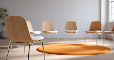 Modern wooden chairs arranged in a circle around an orange rug in a bright, minimalist room with natural light and neutral walls