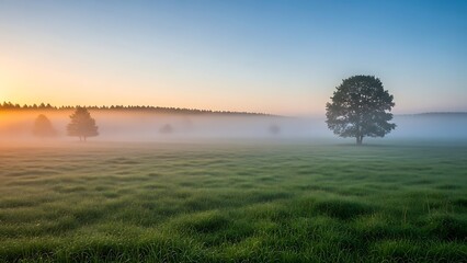 Misty Meadow Sunrise: Solitary Tree Silhouetted in Foggy Landscape.