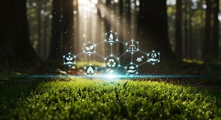 Futuristic green technology interface for environmental protection in a sunlit forest.