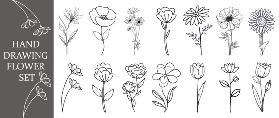 Minimalist Hand-Drawn Flower Line Art Collection — Botanical Outline Floral Vector Illustrations, Wildflower Ink Sketch Set for Logos, Branding & Wedding Design