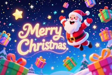 Cheerful Santa flying among colorful gifts, stars, and snow, with glowing Merry Christmas lettering against a vibrant night sky.