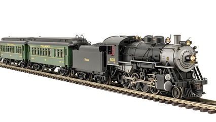 Naklejka premium Detailed model steam train with passenger cars on a track against black background