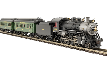 Detailed model steam train with passenger cars on a track against black background