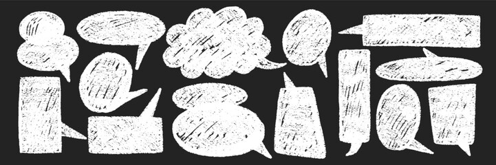 Set of speech bubbles with chalk and crayon texture in black color. Text boxes for a dialog or chat. White vector illustration on a blackboard.