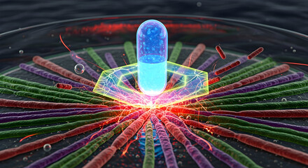 Glowing Blue Capsule Powering a Complex Nanotechnology Network.