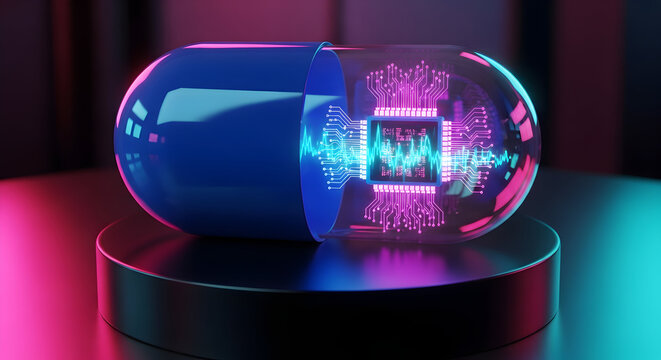 Futuristic Smart Pill with Glowing Digital Core and Nanotechnology Circuitry. - Powered by Adobe