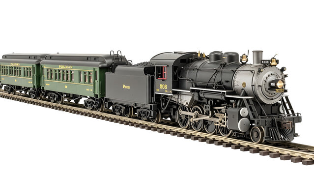 Detailed model steam train with passenger cars on a track against black background - Powered by Adobe