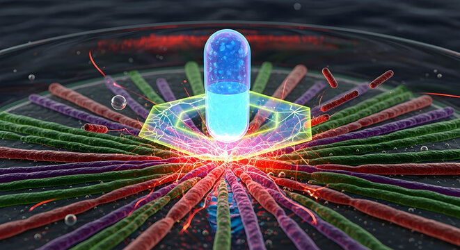 Glowing Blue Capsule Powering a Complex Nanotechnology Network.