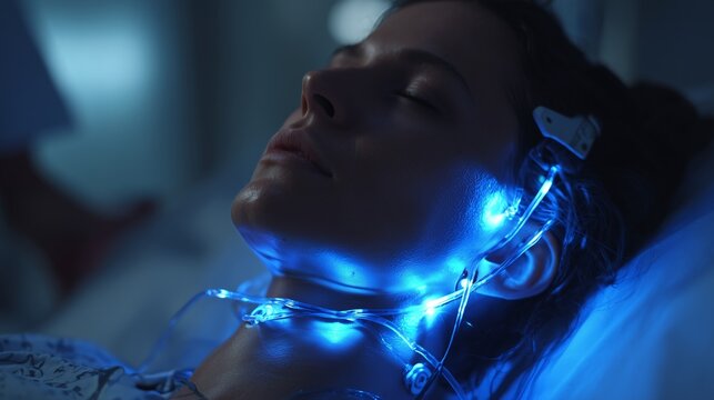 Person lying with electrode pad on neck and blue led light wrap around head and neck representing non invasive vagus nerve stimulation device and therapy.