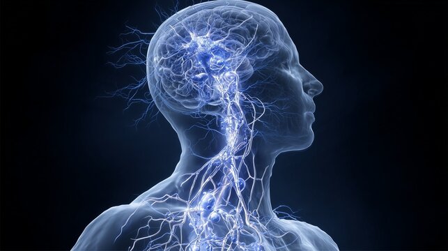 Transparent human head and neck with illuminated nerve pathway highlighting vagus nerve, representing vagus nerve stimulation for trauma recovery and nervous system healing.