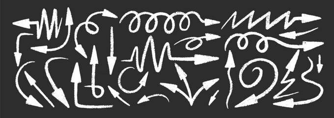 Set of thin arrows with crayon, chalk or pastel texture. Doodle hand drawn elements for school design. White vector illustration on a blackboard.