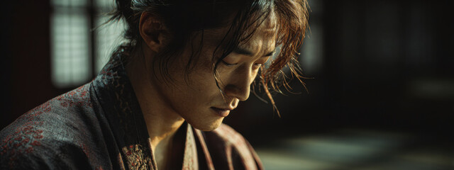 A brooding man in traditional attire, lost in thought, evokes a sense of drama.