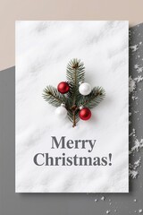A minimalist, modern Christmas card design featuring a small pine sprig decorated with four red and white baubles, lying on clean white snow.
