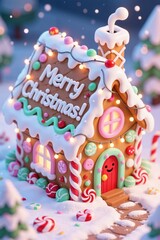 A whimsical gingerbread house covered in white icing, colorful candies, and fairy lights, sitting in a snowy landscape with the text "Merry Christmas!" piped on the roof.