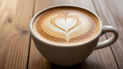 A cup of frothy cappuccino, with a perfect heart-shaped latte art on top.