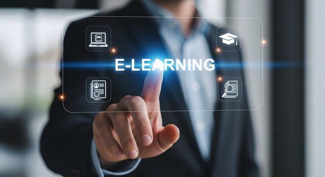 Businessman touching a virtual screen with E-Learning text and educational icons for online training.