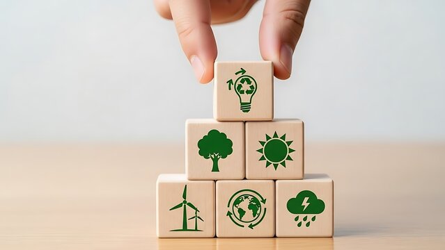Stacking wooden blocks with environmental icons a concept for sustainability renewable energy and eco friendly practices for a greener future