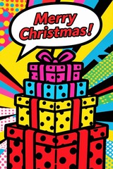 A bold, pop-art illustration of a stack of polka-dot Christmas presents in vibrant primary and neon colors, with Merry Christmas! in a speech bubble.