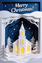 A beautiful paper-cut diorama of a white church in a snowy, starry landscape, framed by paper snowdrifts and trees, with Merry Christmas! above.