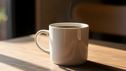 White coffee mug sitting on top of a wooden table