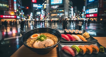 Japanese cuisine: ramen, sushi, and maki rolls on a table in a city at night.