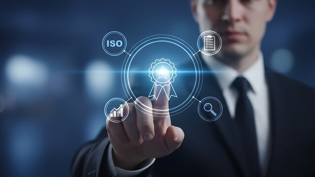 Businessman interacting with holographic interface displaying digital icons representing modern technology and business solutions in a futuristic environment with blue tones