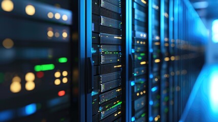 Blue illuminated server racks in a modern IT data center with active hardware indicators, ideal for cloud infrastructure concepts and high tech digital presentation backgrounds