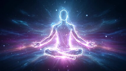 Radiant energy figure meditating in cosmic space with glowing aura and spiritual light surrounding the body