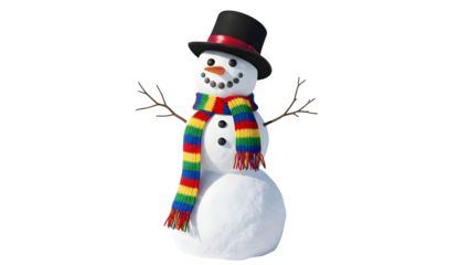 Festive snowman with colorful scarf and top hat isolated on black background