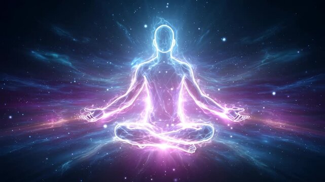 Radiant energy figure meditating in cosmic space with glowing aura and spiritual light surrounding the body