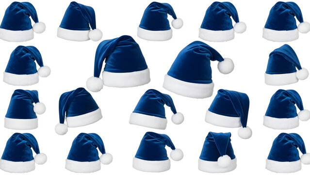Collection of  Blue Velvet Santa Hats with White Fur Trim and Pom Poms on White Background