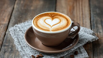 Delicious cappuccino with heart-shaped latte art in brown cup on rustic wooden table and fabric napkin