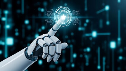 Robotic hand interacting with a futuristic interface digital technology and artificial intelligence concept advanced technology and innovation
