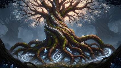 Majestic tree, lush valley, sunlit meadow, environmental backdrop; nature, peace